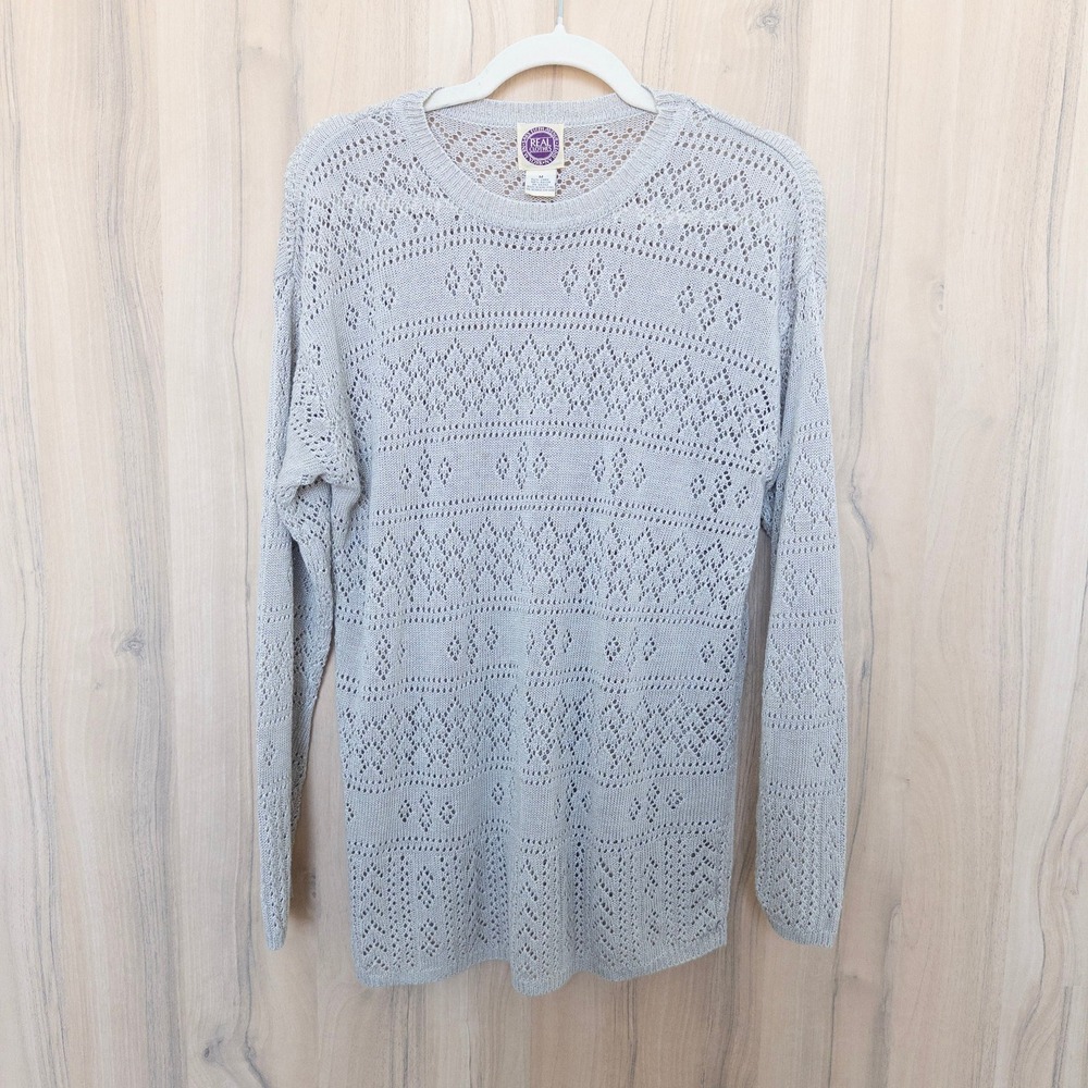 VTG Saks Fifth Avenue Women Linen Open Knit Sweater M Beige Cottage Coastal Boho